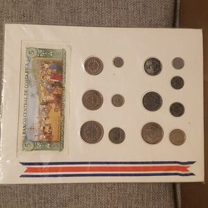 Costa Rica Coin Collectors Sheet Includes 13 Coins and a 5 Dollar Bill